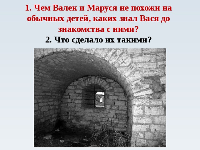 1. Чем Валек и Маруся не похожи на обычных детей, каких знал Вася до знакомства с ними?  2. Что сделало их такими?