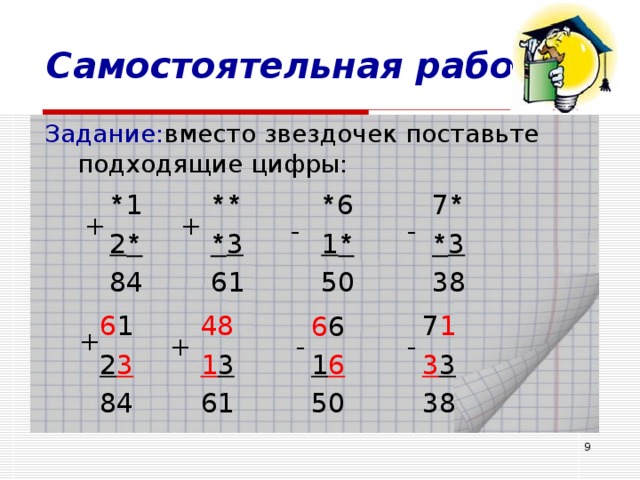 Самостоятельная работа Задание: вместо звездочек поставьте подходящие цифры: 7 * * 3 38 * 1 2 * 84 ** * 3 61 * 6 1 * 50 + + - - 6 1 2 3 84 48 1 3 61 7 1 3 3 38 6 6 1 6 50 + + - -