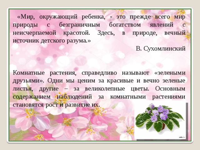 «Мир, окружающий ребенка, - это прежде всего мир природы с безграничным богатством явлений с неисчерпаемой красотой. Здесь, в природе, вечный источник детского разума.» В. Сухомлинский Комнатные растения, справедливо называют «зелеными друзьями». Одни мы ценим за красивые и вечно зеленые листья, другие – за великолепные цветы. Основным содержанием наблюдений за комнатными растениями становятся рост и развитие их.