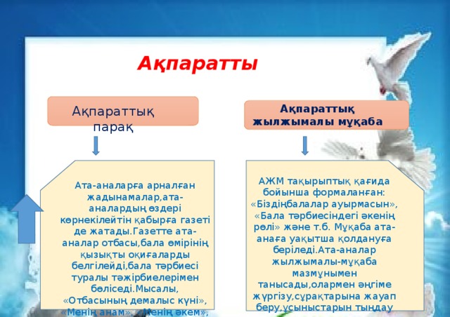 Ақпаратты  Ақпараттық жылжымалы мұқаба Ақпараттық парақ АЖМ тақырыптық қағида бойынша формаланған: «Біздіңбалалар ауырмасын», «Бала тәрбиесіндегі әкенің рөлі» және т.б. Мұқаба ата-анаға уақытша қолдануға беріледі.Ата-аналар жылжымалы-мұқаба мазмұнымен танысады,олармен әңгіме жүргізу,сұрақтарына жауап беру,ұсыныстарын тыңдау қажет . Ата-аналарға арналған жадынамалар,ата-аналардың өздері көрнекілейтін қабырға газеті де жатады.Газетте ата-аналар отбасы,бала өмірінің қызықты оқиғаларды белгілейді,бала тәрбиесі туралы тәжірбиелерімен бөліседі.Мысалы, «Отбасының демалыс күні», «Менің анам», «Менің әкем», «Мен үйдемін» және т.б