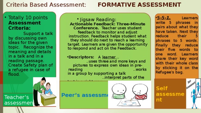 Criteria Based Assessment: FORMATIVE ASSESSMENT Totally 10 points Assessment Criteria:   Support a talk by discussing own ideas for the given topic.  Recognize the meaning and details in a talk and in a reading passage. Create Safety plan of a refugee in case of flood. Totally 10 points Assessment Criteria:   Support a talk by discussing own ideas for the given topic.  Recognize the meaning and details in a talk and in a reading passage. Create Safety plan of a refugee in case of flood.  Jigsaw Reading: Actionable Feedback: Three-Minute Conference. Teacher uses student feedback to monitor and adjust instruction. Feedback helps student what they should do next to reach a learning target. Learners are given the opportunity to respond and act on the Feedback. Descriptors: A learner .. ..uses three and more keys and pictures to express own ideas in pre-reading ..works in a group by supporting a talk ..interpret parts of the text in a right way ..creates another title or item to the text  Jigsaw Reading: Actionable Feedback: Three-Minute Conference. Teacher uses student feedback to monitor and adjust instruction. Feedback helps student what they should do next to reach a learning target. Learners are given the opportunity to respond and act on the Feedback. Descriptors: A learner .. ..uses three and more keys and pictures to express own ideas in pre-reading ..works in a group by supporting a talk ..interpret parts of the text in a right way ..creates another title or item to the text 5-5-1.  Learners write 5 phrases in pairs about what they have taken. Next they reduce their 5 phrases to 5 words. Finally they reduce their five words to one word. Learners share their key word with their whole class by sticking it on the Refugee’s bag. Self assessment Peer’s assessment Teacher’s assessment
