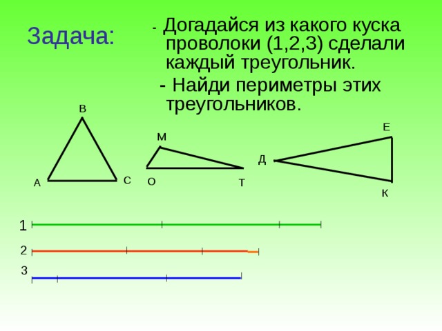 - Догадайся из какого куска проволоки (1,2,3) сделали каждый треугольник.  - Найди периметры этих треугольников. Задача: В Е М Д С О Т А К 1 2 3