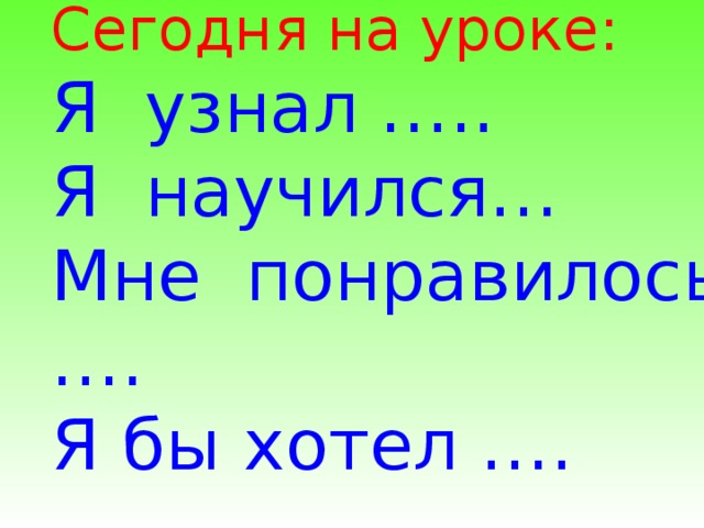 Сегодня на уроке: Я  узнал ….. Я  научился… Мне  понравилось …. Я бы хотел ….