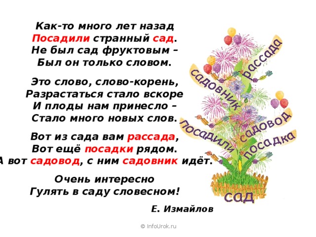 Как-то много лет назад Посадили странный сад . Не был сад фруктовым – Был он только словом.  Это слово, слово-корень, Разрастаться стало вскоре И плоды нам принесло – Стало много новых слов.  Вот из сада вам рассада , Вот ещё посадки рядом. А вот садовод , с ним садовник идёт.  Очень интересно Гулять в саду словесном!  Е. Измайлов © InfoUrok.ru