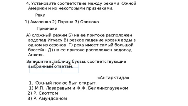 4. Установите соответствие между реками Южной Америки и их некоторыми признаками.  Реки 1) Амазонка 2) Парана 3) Ориноко   Признаки  А) сложный режим Б) на ее притоке расположен водопад Игуасу В) резкое падение уровня воды в одном из сезонов Г) река имеет самый большой бассейн Д) на ее притоке расположен водопад Анхель.  Запишите в таблицу буквы, соответствующие выбранным ответам. 1 2 3  «Антарктида»  1. Южный полюс был открыт.  1) М.П. Лазаревым и Ф.Ф. Беллинсгаузеном 2) Р. Скоттом 3) Р. Амундсеном