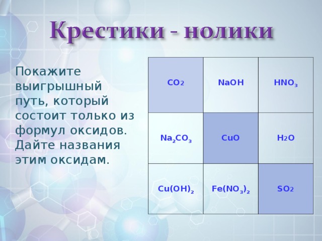 CO 2     Na 2 CO 3  NaOH    CuO   Cu(OH) 2  HNO 3     Fe(NO 3 ) 2   H 2 O    SO 2  Покажите выигрышный путь, который состоит только из формул оксидов. Дайте названия этим оксидам.