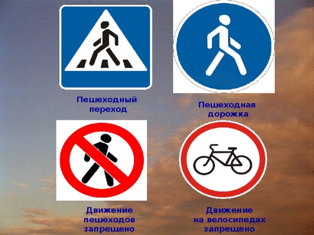 Пешеходный  переход Пешеходная  дорожка Движение пешеходов запрещено Движение на велосипедах запрещено