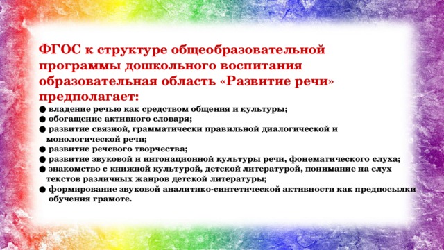 ФГОС к структуре общеобразовательной программы дошкольного воспитания образовательная область «Развитие речи» предполагает: ● владение речью как средством общения и культуры; ● обогащение активного словаря; ● развитие связной, грамматически правильной диалогической и  монологической речи; ● развитие речевого творчества; ● развитие звуковой и интонационной культуры речи, фонематического слуха; ● знакомство с книжной культурой, детской литературой, понимание на слух  текстов различных жанров детской литературы; ● формирование звуковой аналитико-синтетической активности как предпосылки  обучения грамоте.