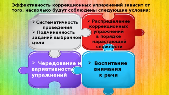 Эффективность коррекционных упражнений зависит от того, насколько будут соблюдены следующие условия: Распределение коррекционных упражнений в порядке нарастающей сложности Систематичность  проведения Подчиненность заданий выбранной цели  Чередование и Воспитание вариативность внимания упражнений к речи