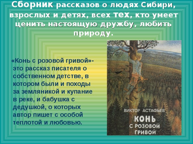 Сборник рассказов о людях Сибири, взрослых и детях, всех тех , кто умеет ценить настоящую дружбу, любить природу.  «Конь с розовой гривой»-это рассказ писателя о собственном детстве, в котором были и походы за земляникой и купание в реке, и бабушка с дедушкой, о которых автор пишет с особой теплотой и любовью.