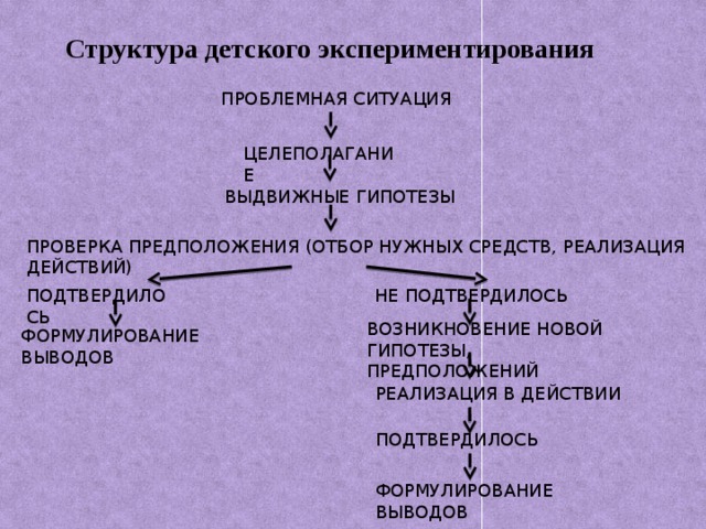 Структура детского экспериментирования ПРОБЛЕМНАЯ СИТУАЦИЯ ЦЕЛЕПОЛАГАНИЕ ВЫДВИЖНЫЕ ГИПОТЕЗЫ ПРОВЕРКА ПРЕДПОЛОЖЕНИЯ (ОТБОР НУЖНЫХ СРЕДСТВ, РЕАЛИЗАЦИЯ ДЕЙСТВИЙ) ПОДТВЕРДИЛОСЬ НЕ ПОДТВЕРДИЛОСЬ ВОЗНИКНОВЕНИЕ НОВОЙ ГИПОТЕЗЫ, ПРЕДПОЛОЖЕНИЙ ФОРМУЛИРОВАНИЕ ВЫВОДОВ РЕАЛИЗАЦИЯ В ДЕЙСТВИИ ПОДТВЕРДИЛОСЬ ФОРМУЛИРОВАНИЕ ВЫВОДОВ