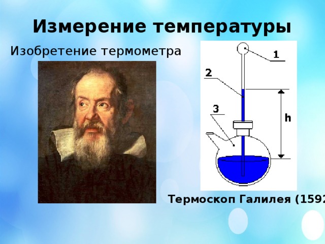 Измерение температуры  Изобретение термометра  Термоскоп Галилея (1592)