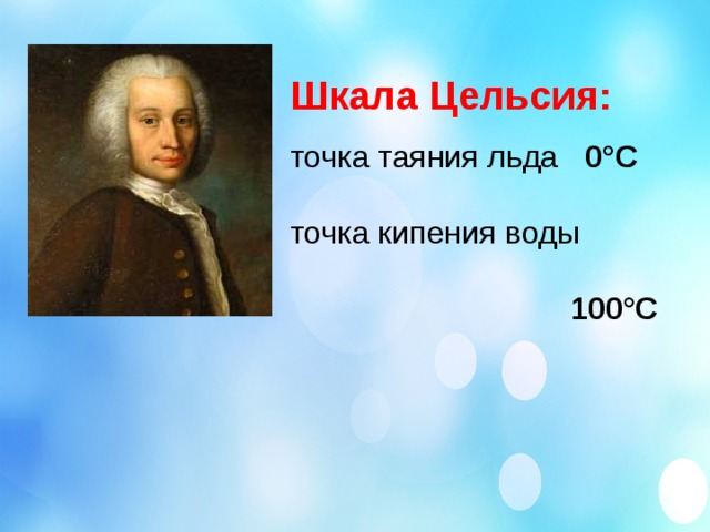 Шкала Цельсия: точка таяния льда 0°С точка кипения воды  100°С