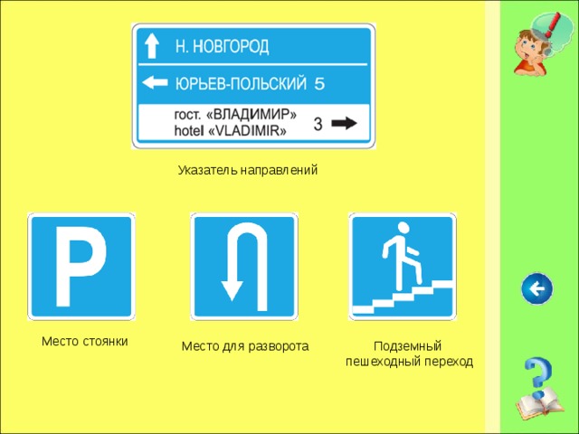Указатель направлений Место стоянки Подземный пешеходный переход Место для разворота