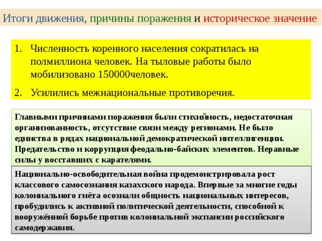 Итоги движения,  причины поражения и историческое значение Численность коренного населения сократилась на полмиллиона человек. На тыловые работы было мобилизовано 150000человек. Усилились межнациональные противоречия. Главными причинами поражения были стихийность, недостаточная организованность, отсутствие связи между регионами. Не было единства в рядах национальной демократической интеллигенции. Предательство и коррупция феодально-байских элементов. Неравные силы у восставших с карателями. Национально-освободительная война продемонстрировала рост классового самосознания казахского народа. Впервые за многие годы колониального гнёта осознали общность национальных интересов, пробудились к активной политической деятельности, способной к вооружённой борьбе против колониальной экспансии российского самодержавия.