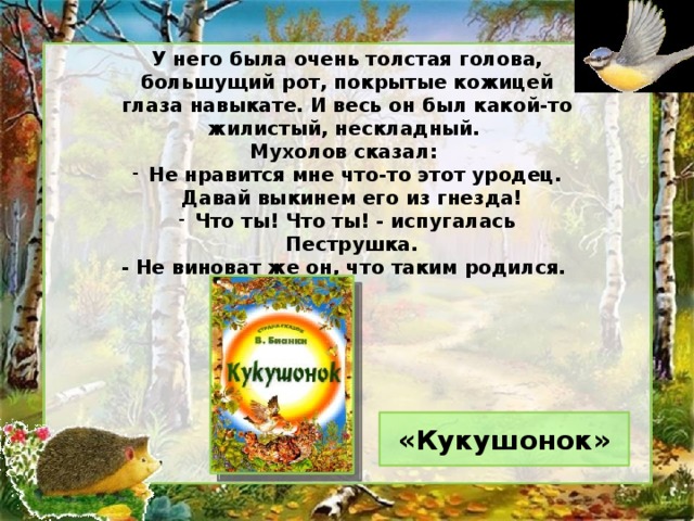 У него была очень толстая голова, большущий рот, покрытые кожицей глаза навыкате. И весь он был какой-то жилистый, нескладный. Мухолов сказал: Не нравится мне что-то этот уродец. Давай выкинем его из гнезда! Что ты! Что ты! - испугалась Пеструшка. - Не виноват же он, что таким родился. «Кукушонок»