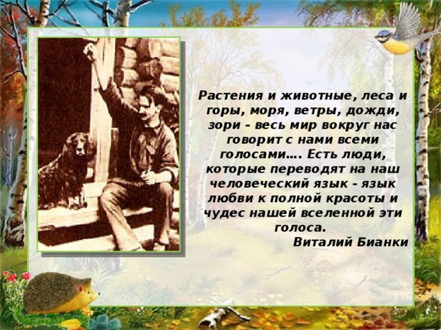 Растения и животные, леса и горы, моря, ветры, дожди, зори - весь мир вокруг нас говорит с нами всеми голосами…. Есть люди, которые переводят на наш человеческий язык - язык любви к полной красоты и чудес нашей вселенной эти голоса. Виталий Бианки