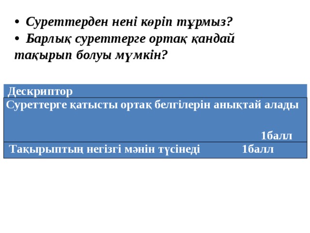 • Суреттерден нені көріп тұрмыз?  • Барлық суреттерге ортақ қандай тақырып болуы мүмкін?   Дескриптор Суреттерге қатысты ортақ белгілерін анықтай алады  1балл  Тақырыптың негізгі мәнін түсінеді 1балл