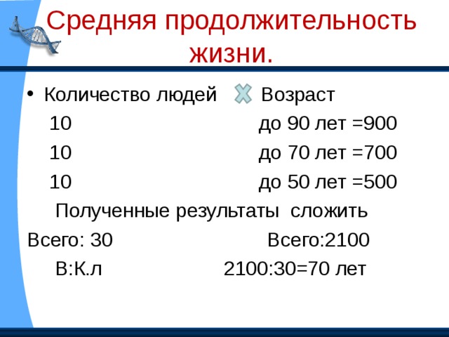 Продолжительность жизни. Очень давно люди не знали, как они устроены, как надо лечится, если заболели? Поэтому в древности жили очень недолго. 50 000 лет назад- 19-20 лет 300 лет назад- 29 лет 100 лет назад- до 40 лет  в наше время-73 года