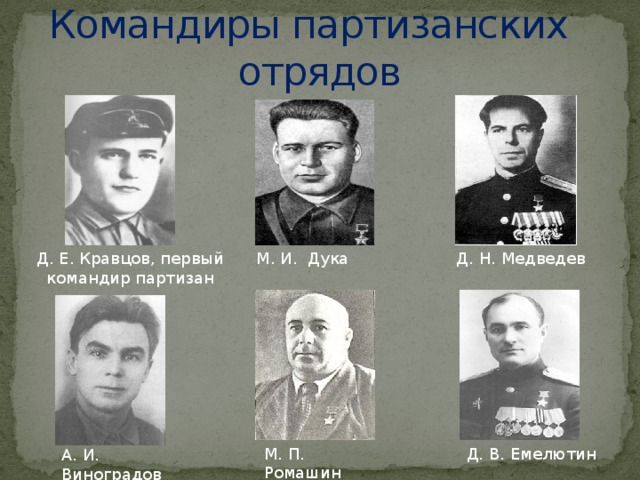 А. И. Виноградов Командиры партизанских отрядов Д. Е. Кравцов, первый командир партизан М. И. Дука Д. Н. Медведев Д. В. Емелютин М. П. Ромашин
