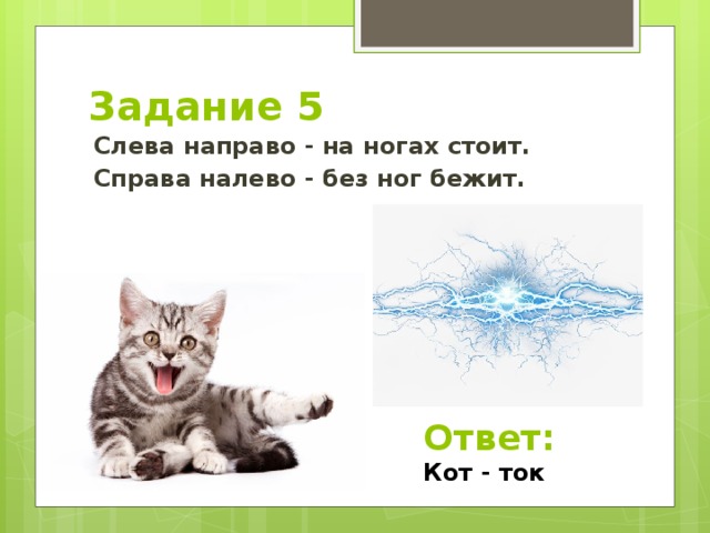 Задание 5 Слева направо - на ногах стоит. Справа налево - без ног бежит. Ответ: Кот - ток