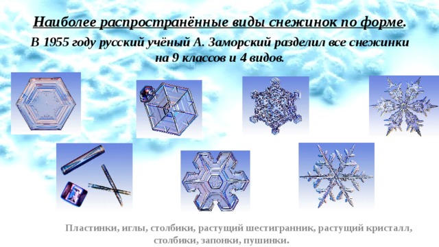 Наиболее распространённые виды снежинок по форме . В 1955 году русский учёный А. Заморский разделил все снежинки на 9 классов и 4 видов.    Пластинки, иглы, столбики, растущий шестигранник, растущий кристалл, столбики, запонки, пушинки.