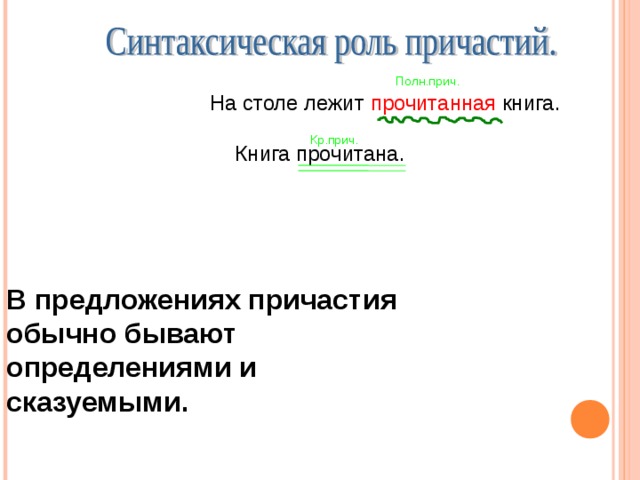 Полн.прич.  На столе лежит прочитанная книга.  Книга прочитана. Кр.прич. В предложениях причастия обычно бывают определениями и сказуемыми.