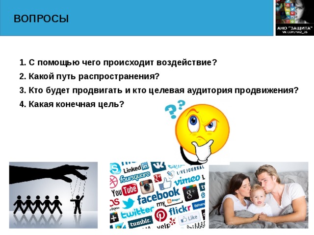 ВОПРОСЫ 1. С помощью чего происходит воздействие? 2. Какой путь распространения? 3. Кто будет продвигать и кто целевая аудитория продвижения? 4. Какая конечная цель?