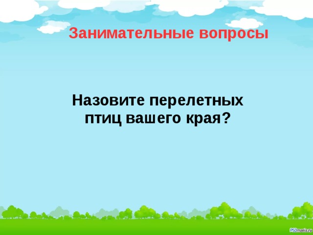 Занимательные вопросы Назовите перелетных птиц вашего края?