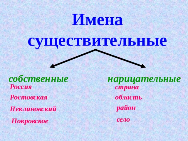 Имена существительные собственные нарицательные Россия страна Ростовская область район Неклиновский село Покровское