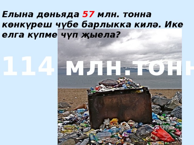 Елына дөньяда 57 млн. тонна көнкүреш чүбе барлыкка килә. Ике елга күпме чүп җыела? 114 млн.тонн