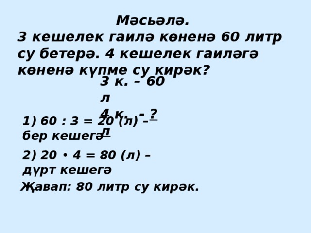 Мәсьәлә. 3 кешелек гаилә көненә 60 литр су бетерә. 4 кешелек гаиләгә көненә күпме су кирәк? 3 к. – 60 л 4 к. - ? л 1) 60 : 3 = 20 (л) – бер кешегә 2) 20 • 4 = 80 (л) – дүрт кешегә Җавап: 80 литр су кирәк.