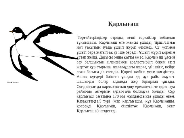 Қарлығаш   Торғайтәрізділер отряды, әнші торғайлар тобының тұқымдасы. Қарлығаш өте жақсы ұшады, тіршілігінің көп уақытын ауада ұшып жүріп өткізеді. Су үстінен ұшып бара жатып-ақ су іше береді. Ұшып жүріп қорегін ұстап жейді. Дауысы онша қатты емес. Қарлығаш ұясын саз балшықтан сілекейімен араластырып бекем етіп жартас қуыстарына, жағалаудағы жарға, үй ішіне, кейде ағаш басына да салады. Қорегі көбіне ұсақ жәндіктер. Ашық күндері биіктеп ұшады да, ауа райы жауын-шашынды болар алдында жер бауырлап ұшады. Сондықтан да қарлығаштың ұшу ерекшелігіне қарап ауа райының өзгерісін алдын-ала болжауға болады. Сұр қарлығаш сағатына 170 км жылдамдықта ұшады екен . Қазақстанда 5 түрі (жар қарлығашы, құз Қарлығашы, қосреңді Қарлығаш, секпілтөс Қарлығаш, кент Қарлығашы) кездеседі.