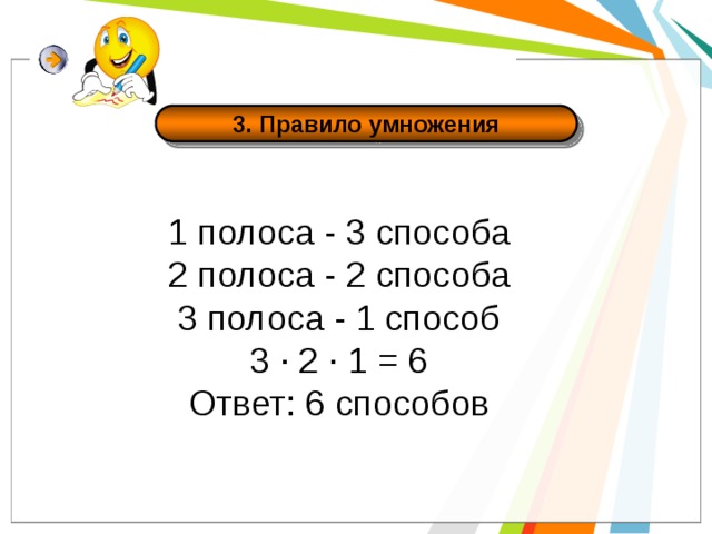 3. Правило умножения 1 полоса - 3 способа 2 полоса - 2 способа 3 полоса - 1 способ 3 ∙ 2 ∙ 1 = 6 Ответ: 6 способов