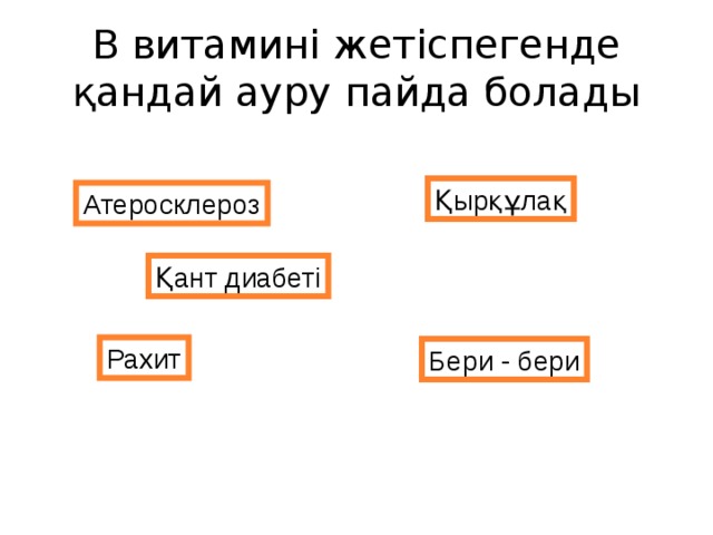 В витамині жетіспегенде қандай ауру пайда болады Қырқұлақ Атеросклероз Қант диабеті Рахит Бери - бери