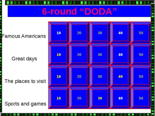 6-round “DODA” Famous Americans  Great days  The places to visit  Sports and games 30 50 10 20 40 50 40 30 20 10 10 20 30 50 40 50 40 30 20 10
