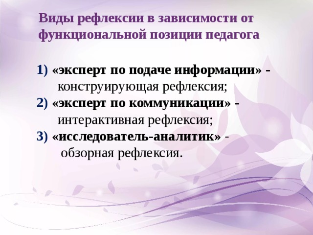 Виды рефлексии в зависимости от функциональной позиции педагога 1) «эксперт по подаче информации» -   конструирующая рефлексия; 2) «эксперт по коммуникации» -   интерактивная рефлексия; 3) «исследователь-аналитик» -  обзорная рефлексия.