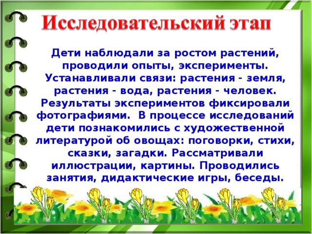 Дети наблюдали за ростом растений, проводили опыты, эксперименты. Устанавливали связи: растения - земля, растения - вода, растения - человек. Результаты экспериментов фиксировали фотографиями. В процессе исследований дети познакомились с художественной литературой об овощах: поговорки, стихи, сказки, загадки. Рассматривали иллюстрации, картины. Проводились занятия, дидактические игры, беседы.