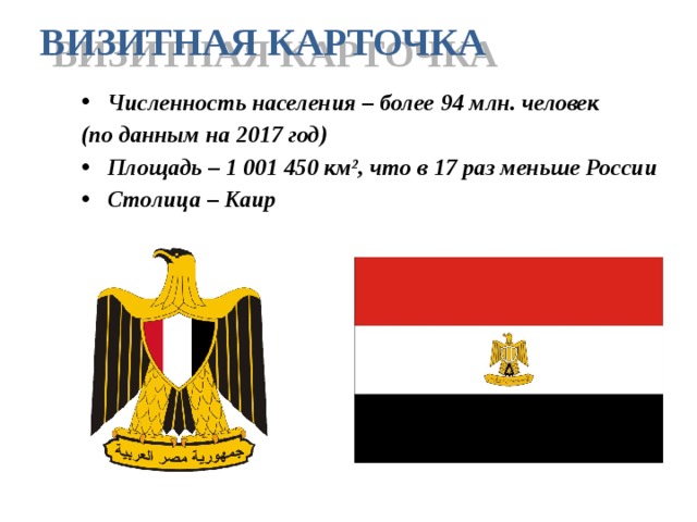 ВИЗИТНАЯ КАРТОЧКА Численность населения – более 94 млн. человек (по данным на 2017 год) Площадь – 1 001 450 км², что в 17 раз меньше России Столица – Каир