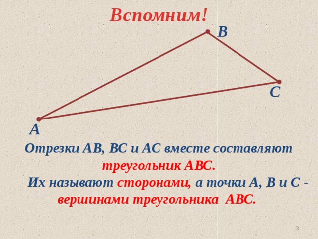 Вспомним! В С А Отрезки АВ, ВС и АС вместе составляют треугольник АВС.  Их называют сторонами, а точки А, В и С - вершинами треугольника АВС.