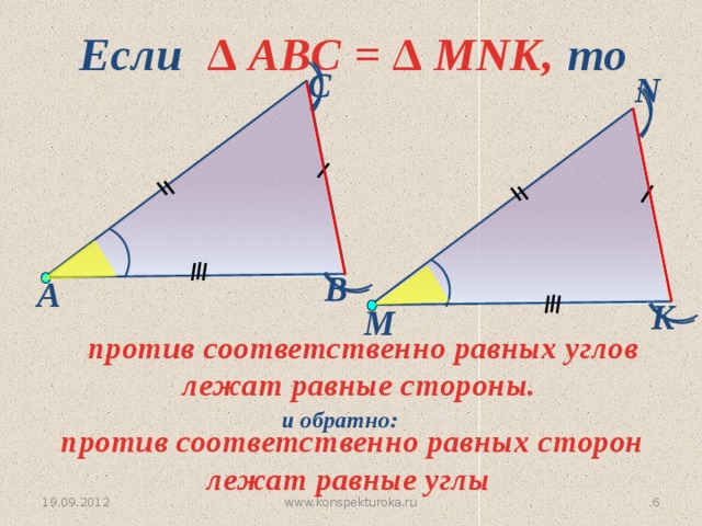 Если  ∆ АВС = ∆ MNK, то  С N В А K M  против соответственно равных углов лежат равные стороны.  и обратно:  против соответственно равных сторон лежат равные углы www.konspekturoka.ru 5 19.09.2012
