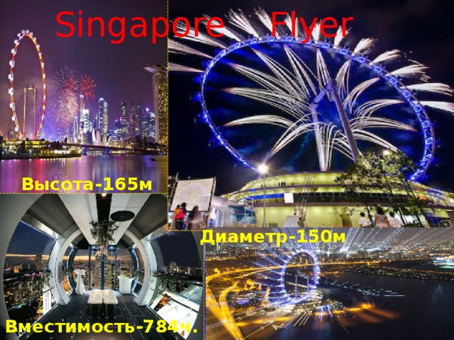 Singapore Flyer Высота-165м Диаметр-150м  Вместимость-784ч.
