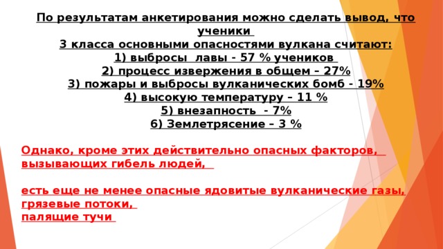 По результатам анкетирования можно сделать вывод, что ученики 3 класса основными опасностями вулкана считают: 1) выбросы лавы - 57 % учеников 2) процесс извержения в общем – 27% 3) пожары и выбросы вулканических бомб - 19% 4) высокую температуру – 11 % 5) внезапность - 7% 6) Землетрясение – 3 %  Однако, кроме этих действительно опасных факторов, вызывающих гибель людей,  есть еще не менее опасные ядовитые вулканические газы, грязевые потоки, палящие тучи