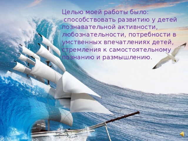 Целью моей работы было:   способствовать развитию у детей познавательной активности, любознательности, потребности в умственных впечатлениях детей, стремления к самостоятельному познанию и размышлению.