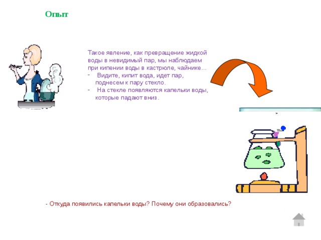 Опыт Такое явление, как превращение жидкой воды в невидимый пар, мы наблюдаем при кипении воды в кастрюле, чайнике...  Видите, кипит вода, идет пар, поднесем к пару стекло.  На стекле появляются капельки воды, которые падают вниз. - Откуда появились капельки воды? Почему они образовались?