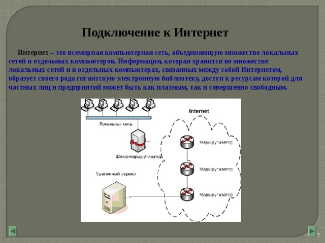 Подключение к Интернет  Интернет – это всемирная компьютерная сеть, объединяющую множество локальных сетей и отдельных компьютеров. Информация, которая хранится во множестве локальных сетей и в отдельных компьютерах, связанных между собой Интернетом, образует своего рода гигантскую электронную библиотеку, доступ к ресурсам которой для частных лиц и предприятий может быть как платным, так и совершенно свободным.  6 6