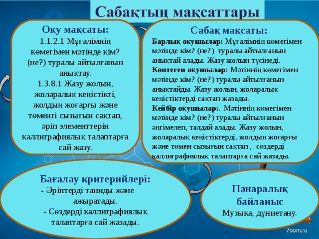 . Оқу мақсаты: Сабақ мақсаты: 1.1.2.1 Мұғалімнің көмегімен мәтінде кім? (не?) туралы айтылғанын анықтау. 1.3.8.1 Жазу жолын, жоларалық кеңістікті, жолдың жоғарғы және төменгі сызығын сақтап, әріп элементтерін каллиграфиялық талаптарға сай жазу. Барлық оқушылар: Мұғалімнің көмегімен мәтінде кім? (не?) туралы айтылғанын анықтай алады. Жазу жолын түсінеді. Көптеген оқушылар: Мәтіннің көмегімен мәтінде кім? (не?) туралы айтылғанын анықтайды. Жазу жолын, жоларалық кеңістіктерді сақтап жазады. Кейбір оқушылар: .  Мәтіннің көмегімен мәтінде кім? (не?) туралы айтылғанын әңгімелеп, талдай алады. Жазу жолын, жоларалық кеңістіктерді, жолдың жоғарғы және төмен сызығын сақтап , сөздерді каллиграфиялық талаптарға сай жазады. Бағалау критерийлері: - Әріптерді таниды және ажыратады. - Сөздерді каллиграфиялық талаптарға сай жазады. Пәнаралық байланыс Музыка, дүниетану.