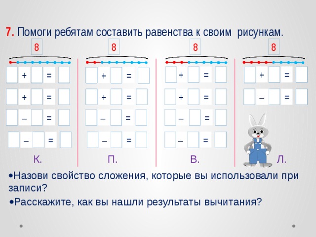 7. Помоги ребятам составить равенства к своим рисункам. 8 8 8 8 7 8 + = 1 + 8 = 7 = 8 + 8 = 5 + 3 4 1 1 + 7 = 8 8 = 7 + 1 7 + 2 1 = + 6 = 4 8 8 –  = 1 8 = 7 + 1 + 7 8 1 = 7 8 8 7 + 1 = 8 8 = 3 + 2 4 6 = = + 8 5 4 1 8 = 7 + – –  7 8 1 = –  = 7 1 8 –  7 = 8 1 – 5 = 3 8 – = – 6 2 8 7 = 1 8 = 6 5 8 2 = 8 3 – – 8 7 = 1 – 1 8 = 7 –  7 –  = 8 1 8 –  7 = 1 К. П. В. Л.  Назови свойство сложения, которые вы использовали при записи?  Расскажите, как вы нашли результаты вычитания?