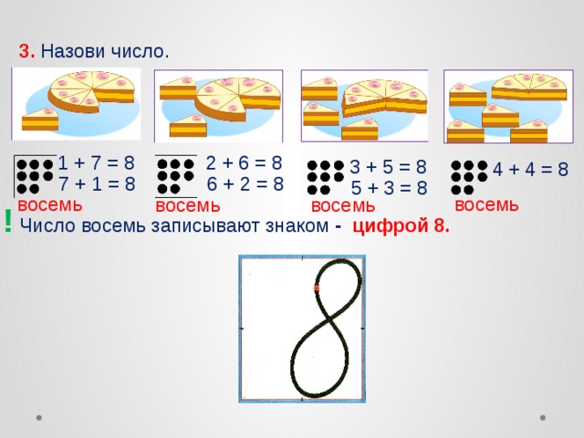 3. Назови число. 2 + 6 = 8 1 + 7 = 8 3 + 5 = 8 4 + 4 = 8 6 + 2 = 8 7 + 1 = 8 5 + 3 = 8 восемь восемь восемь восемь ! Число восемь записывают знаком - цифрой 8.