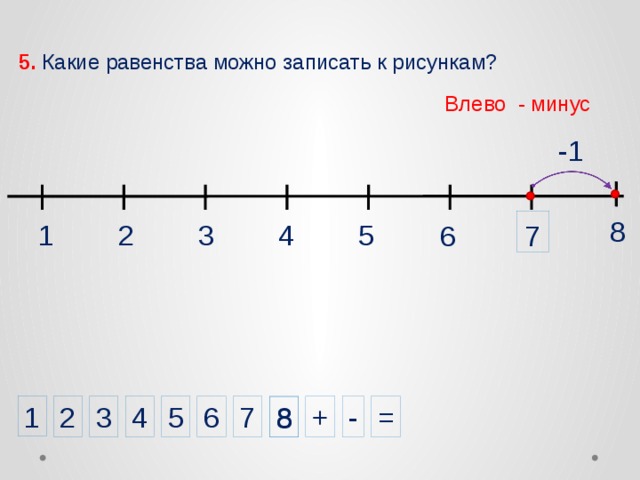 5. Какие равенства можно записать к рисункам? Влево - минус -1 8 4 2 3 1 5 7 6 1 = 7 6 5 3 - + 4 2 8 8